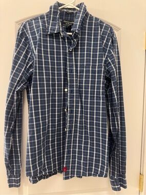 Abercrombie & Fitch Men's Blue and White Plaid Button-Down Shirt